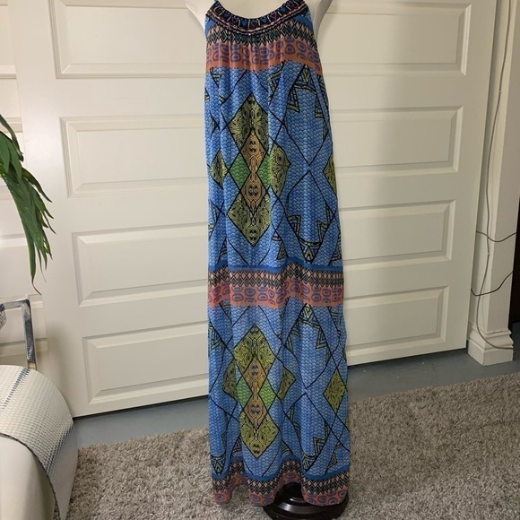 eight Sixty Easy Breezy Multicolor Tribal Print Maxi Dress Beads Collar Size S - Picture 4 of 10